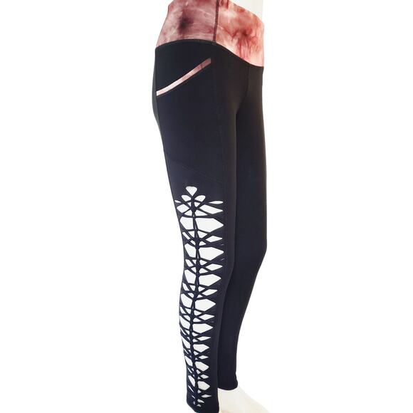 YOGINI - LARGE - Women's/ Junior Non-See Through High Waist Pink Black Leggings - Picture 4 of 4